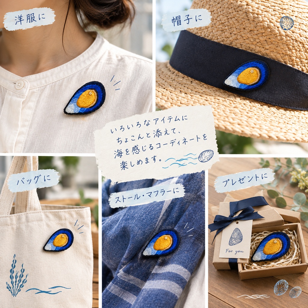 刺繍ブローチ ムール貝 UE