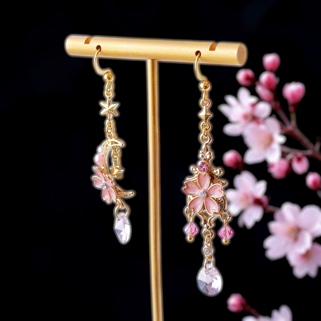 桜乙女★月と桜のクリスタルガラスピアス/イヤリング(ピンク)
