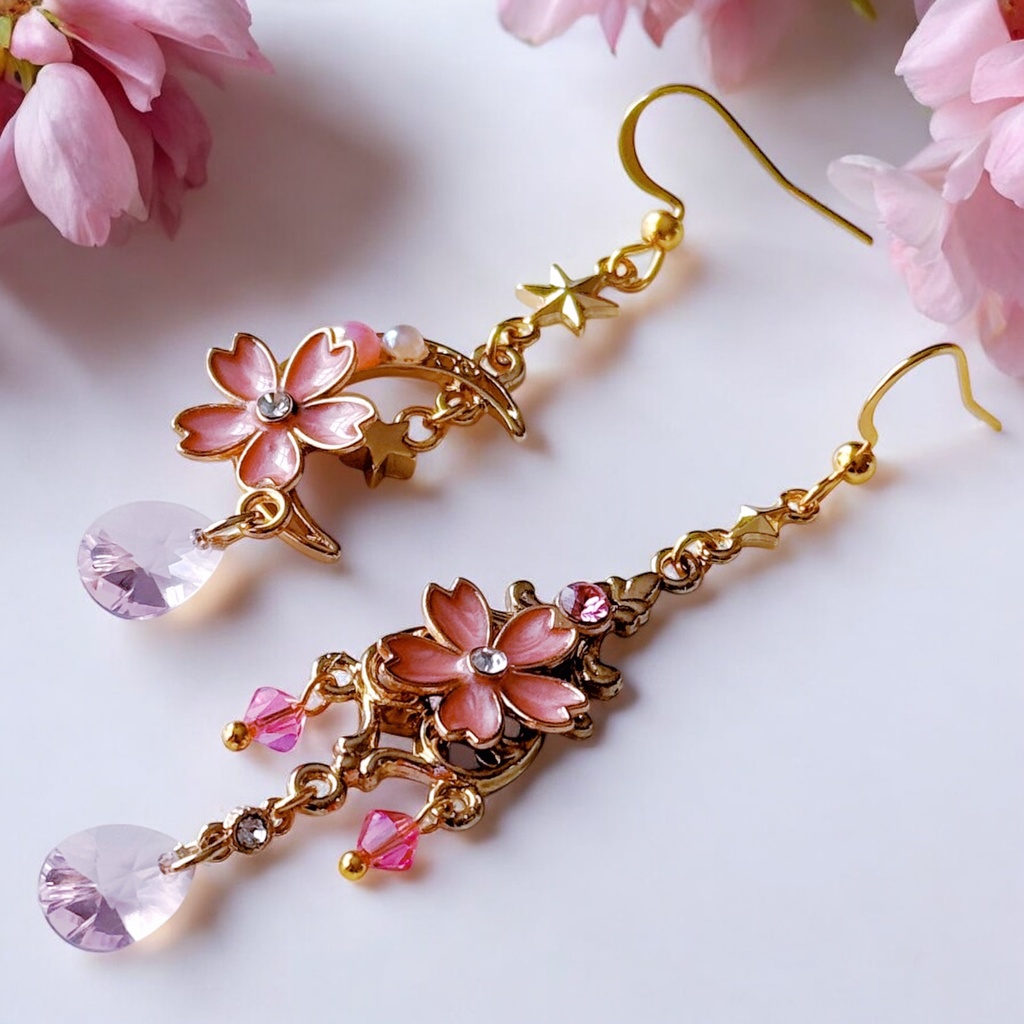 桜乙女★月と桜のクリスタルガラスピアス/イヤリング(ピンク)