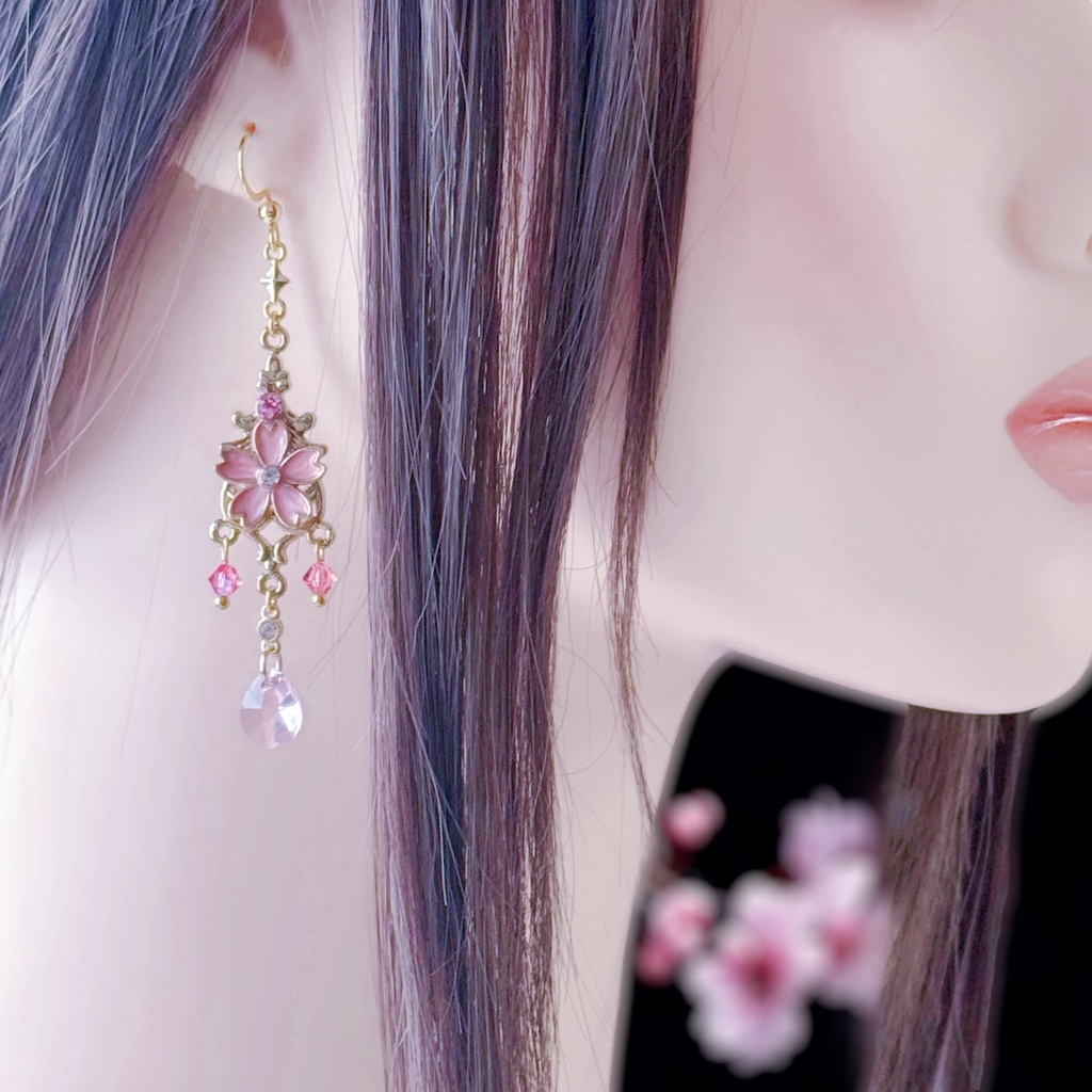 桜乙女★月と桜のクリスタルガラスピアス/イヤリング(ピンク)