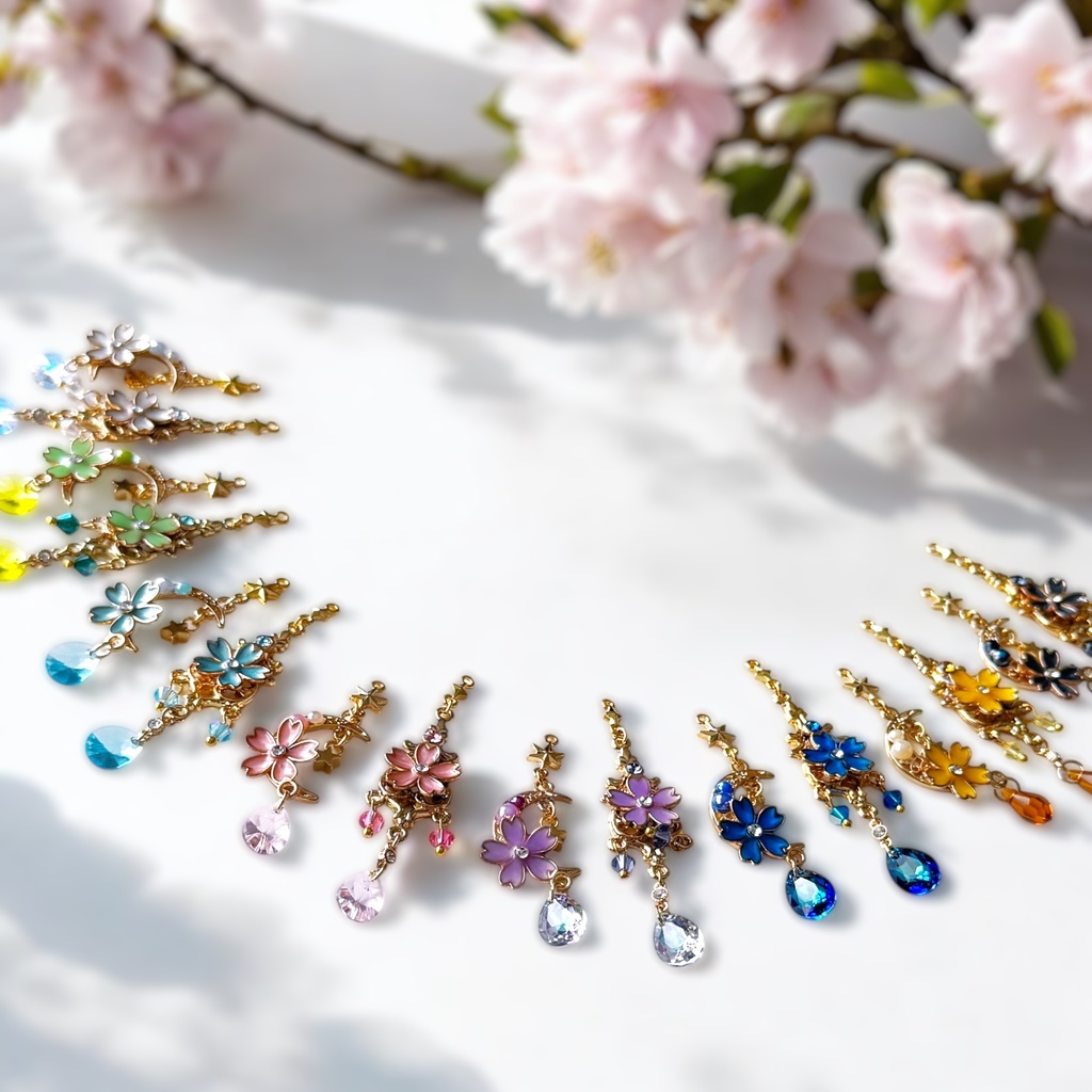 桜乙女★月と桜のクリスタルガラスピアス/イヤリング(ブルー)