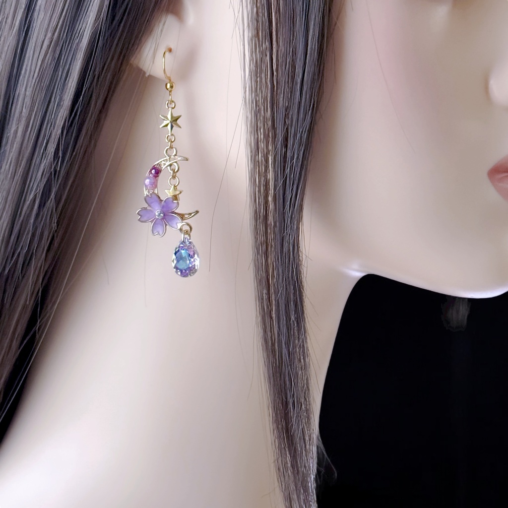 桜乙女★月と桜のクリスタルガラスピアス/イヤリング( ペールパープル)