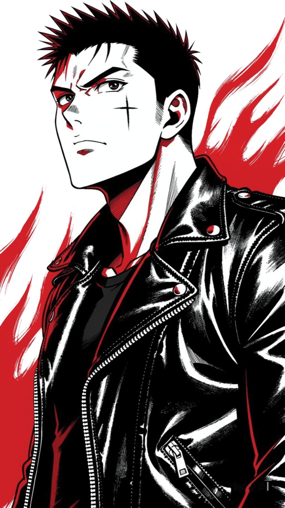 Anime Biker Jacket Shirt Manga Style Cross Scar Face Red and Black Otaku Gothic Streetwear Aesthetic Gifts