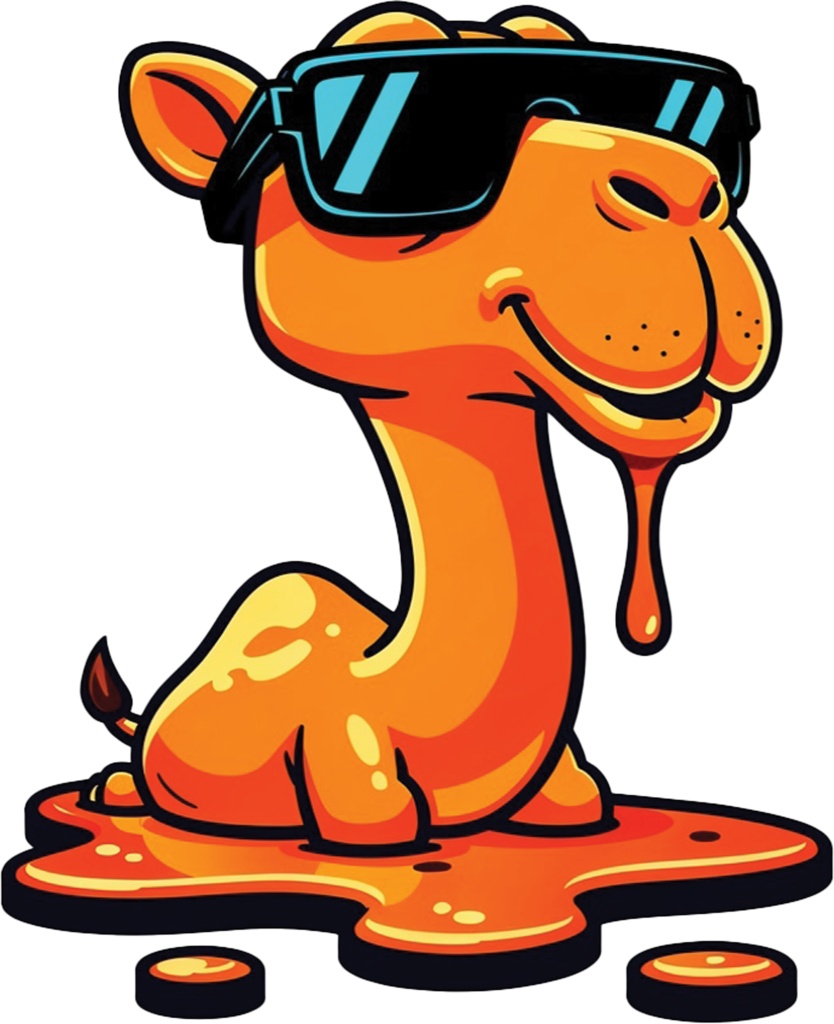 Cool Drip Camel Wearing Sunglasses | Funny Melting Desert Animal Vector Art | Pop Culture Streetwear Tee | Unique Melted Aesthetic Cartoon Merchandise