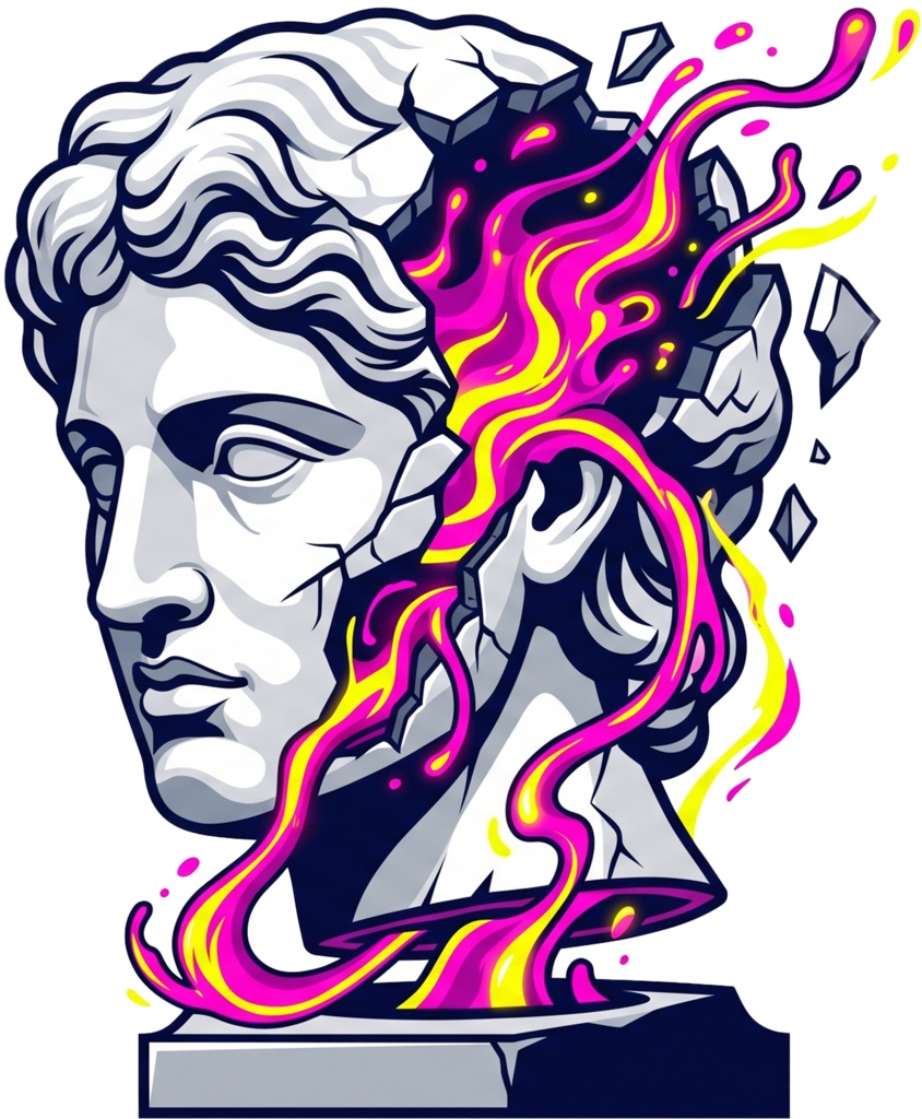 Broken Greek Statue Neon Synthwave Graphic T-Shirt – Vaporwave Apollo Michelangelo Sculpture Art Tee, Aesthetic Cracked Marble Bust Streetwear