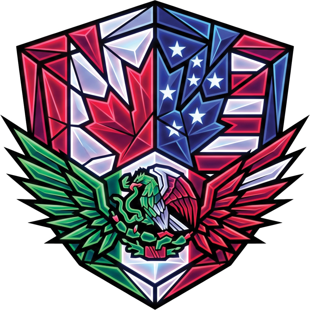 USA Canada Mexico Stained Glass Vector Art Tee, Patriotic Geometric Crest Streetwear, Trendy Aesthetic Emblem Merchandise, MARKHORIEST Fashion Latest Design T-Shirts | 北米フラッグ ステンドグラス風 Tシャツ
