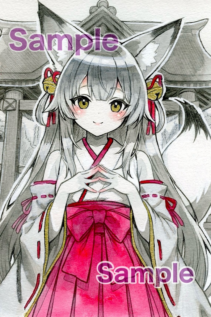 【原画】手描きイラスト 狐巫女 女の子 アナログ オリジナル 創作 手書き モノクロ絵 水彩画 鉛筆画