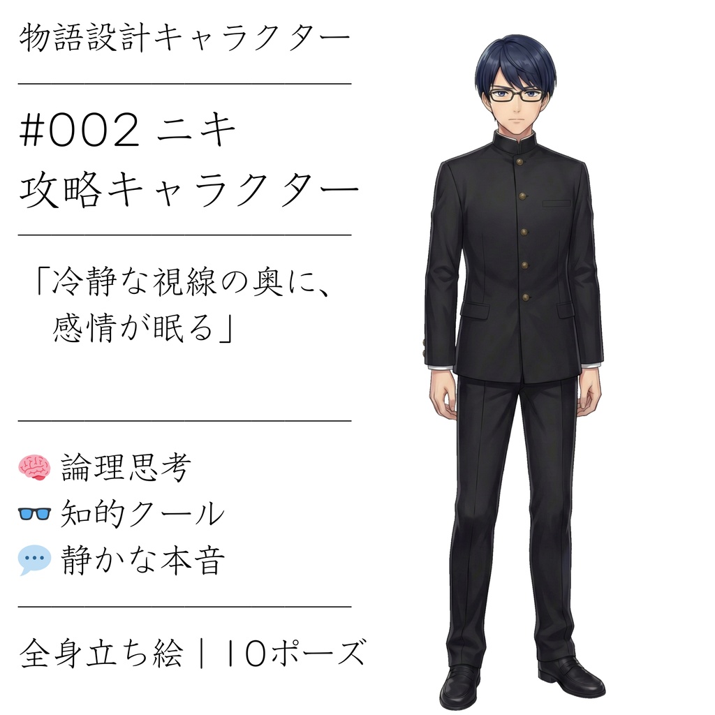 【無料版有】眼鏡・知性派の青年（学ラン） 立ち絵素材【表情10種 / TRPG・ゲーム向け】ニキ