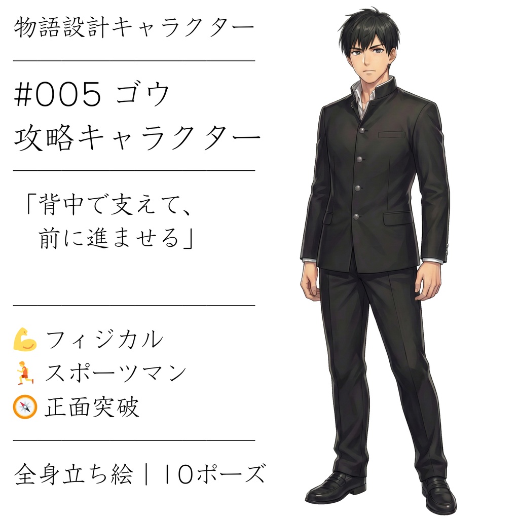 【無料版有】大柄スポーツマンの男性（学ラン） 立ち絵素材【表情10種 / TRPG・ゲーム向け】ゴウ