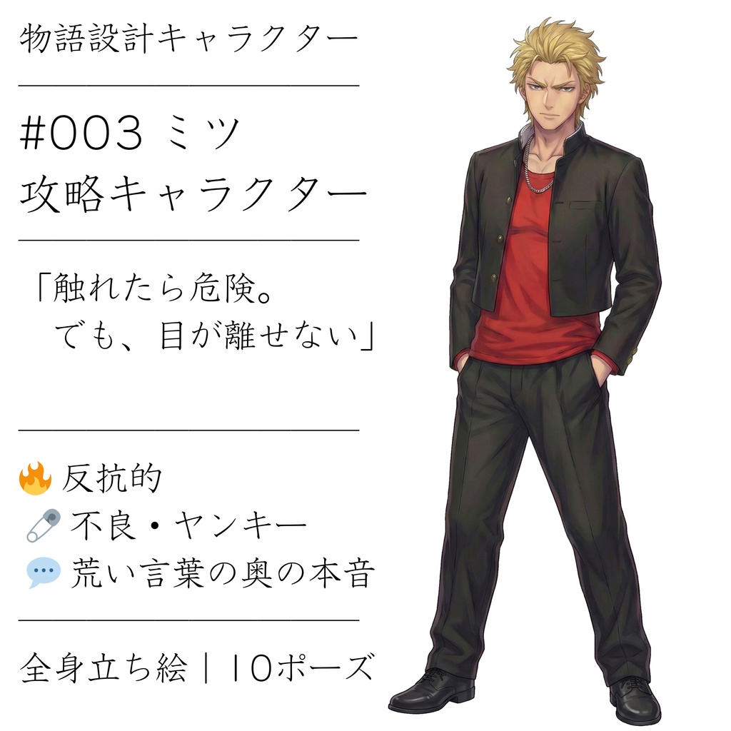 【無料版有】不良・ヤンキーの男性（学ラン） 立ち絵素材【表情10種 / TRPG・ゲーム向け】ミツ