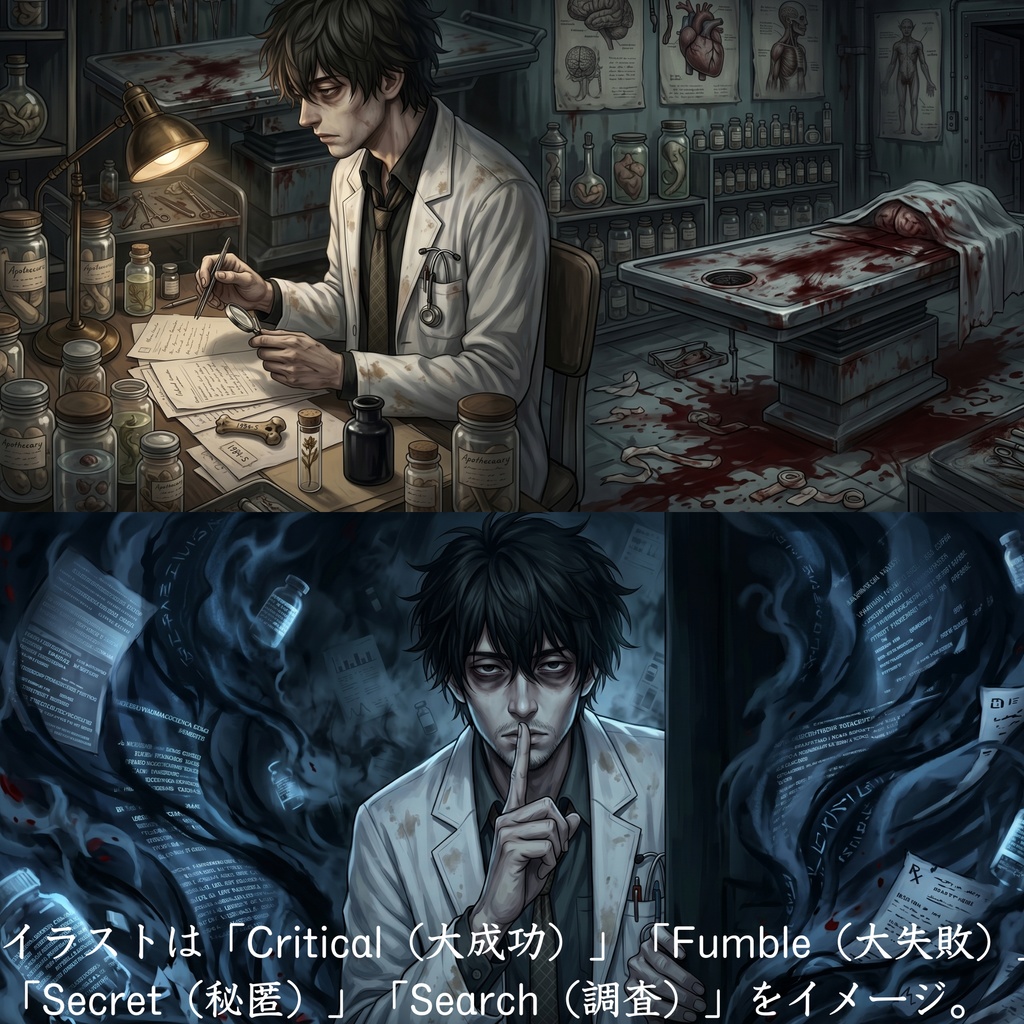 【無料版有】ダウナーな闇医者・白衣の青年 立ち絵素材【表情10種&返り血差分・1枚絵収録 / TRPG・ゲーム向け】キュウ