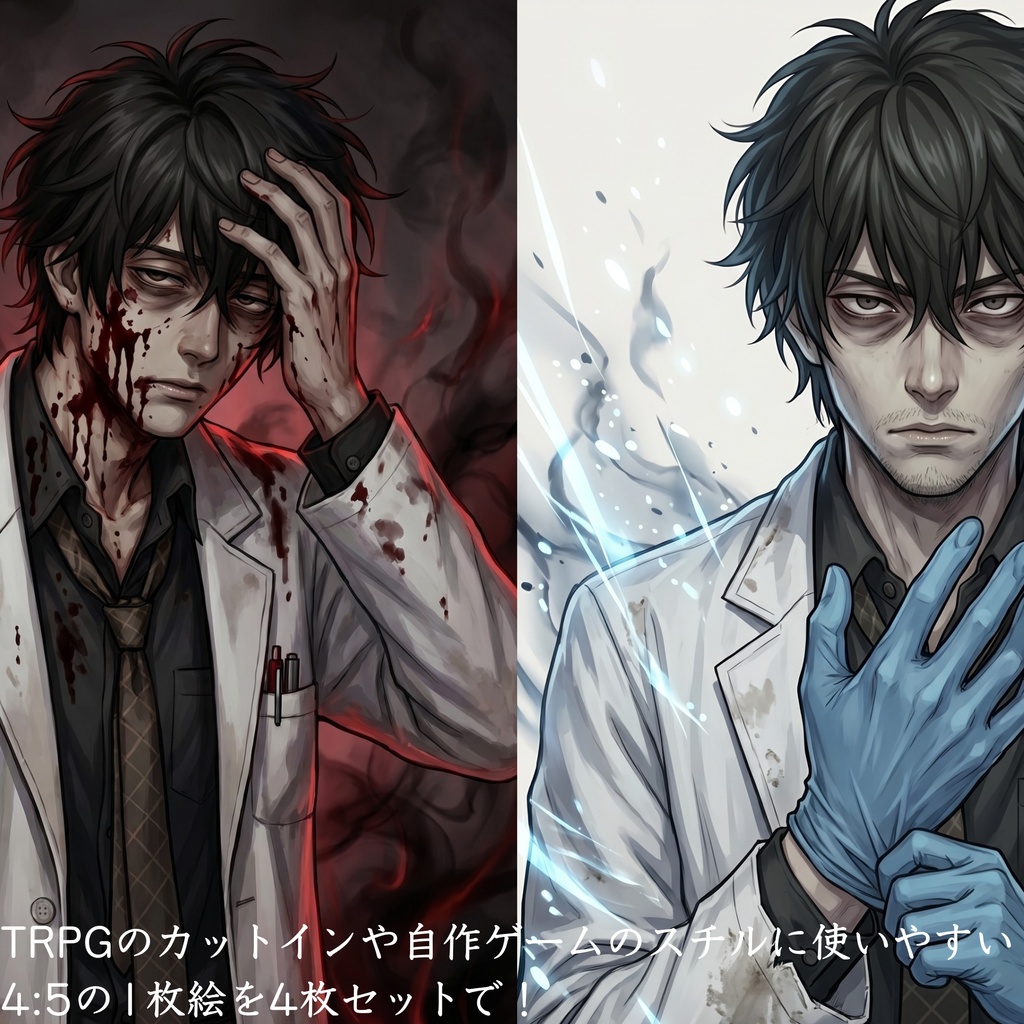 【無料版有】ダウナーな闇医者・白衣の青年 立ち絵素材【表情10種&返り血差分・1枚絵収録 / TRPG・ゲーム向け】キュウ