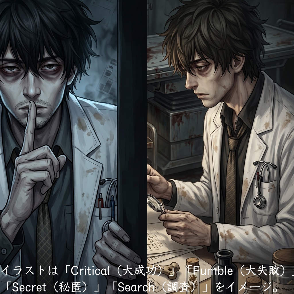 【無料版有】ダウナーな闇医者・白衣の青年 立ち絵素材【表情10種&返り血差分・1枚絵収録 / TRPG・ゲーム向け】キュウ