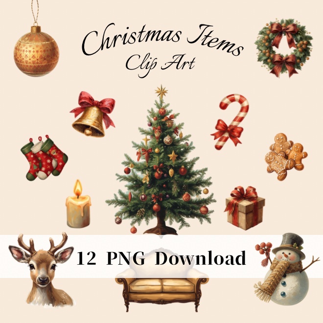 【クリスマス】油絵風/アンティーク調クリップアート12点セット | PNG背景透過