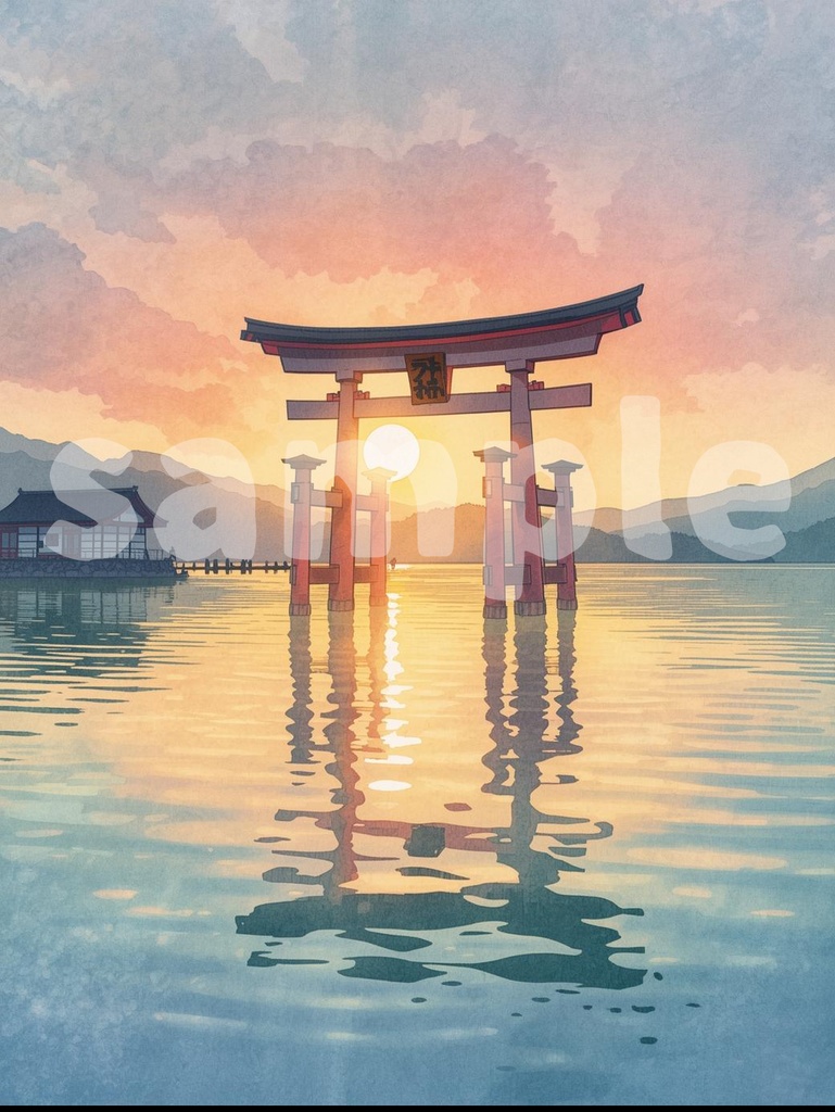 ⛩️ 厳島神社の湖に立つ鳥居 ― 和モダンアート(JPG) ⛩️