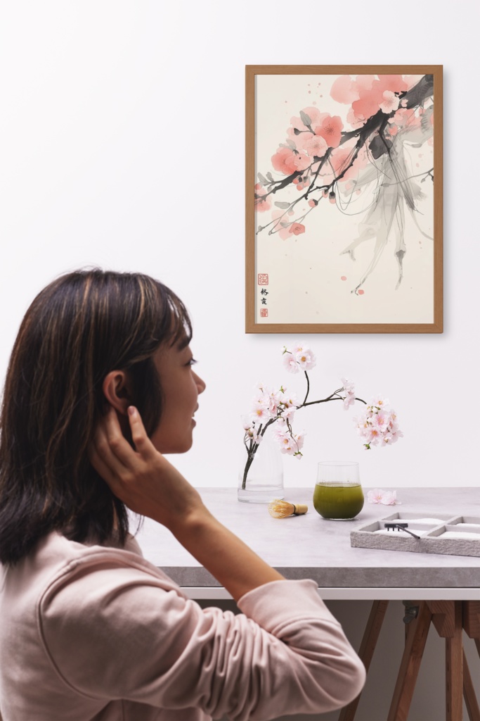 春の息吹を閉じ込めて。淡い桜色の水墨画イラスト「春霞(はるがすみ)」(JPG))