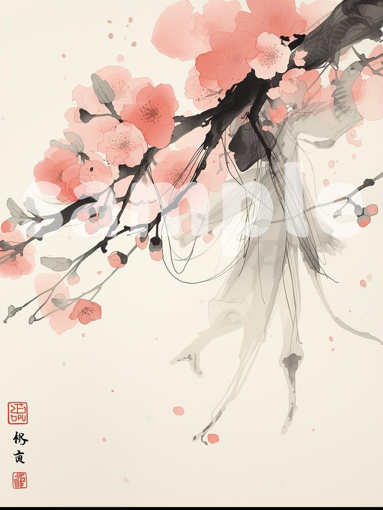 春の息吹を閉じ込めて。淡い桜色の水墨画イラスト「春霞(はるがすみ)」(JPG))