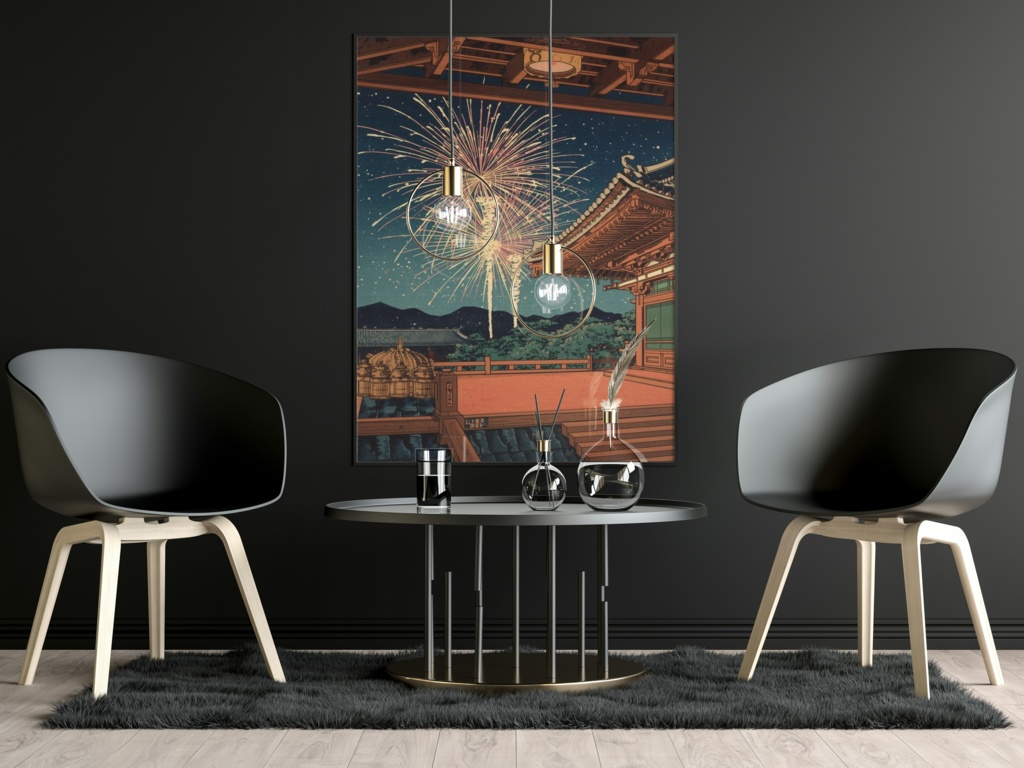 古都の夜空に咲く夢。清水の舞台と花火の幻想画「京の夢花火(きょうのゆめはなび)」(JPG))