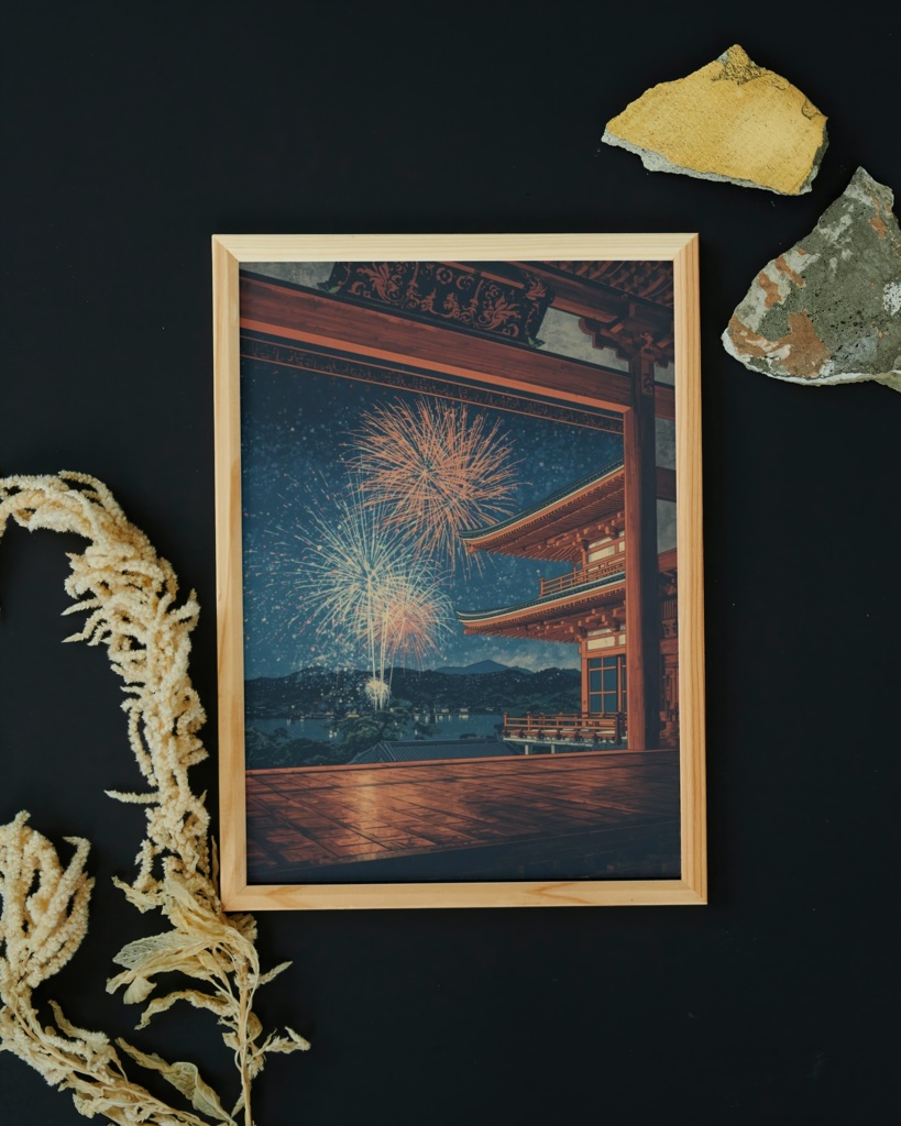 古都の夜空に咲く夢。清水の舞台と花火の幻想画「京の夢花火(きょうのゆめはなび)」2(JPG))