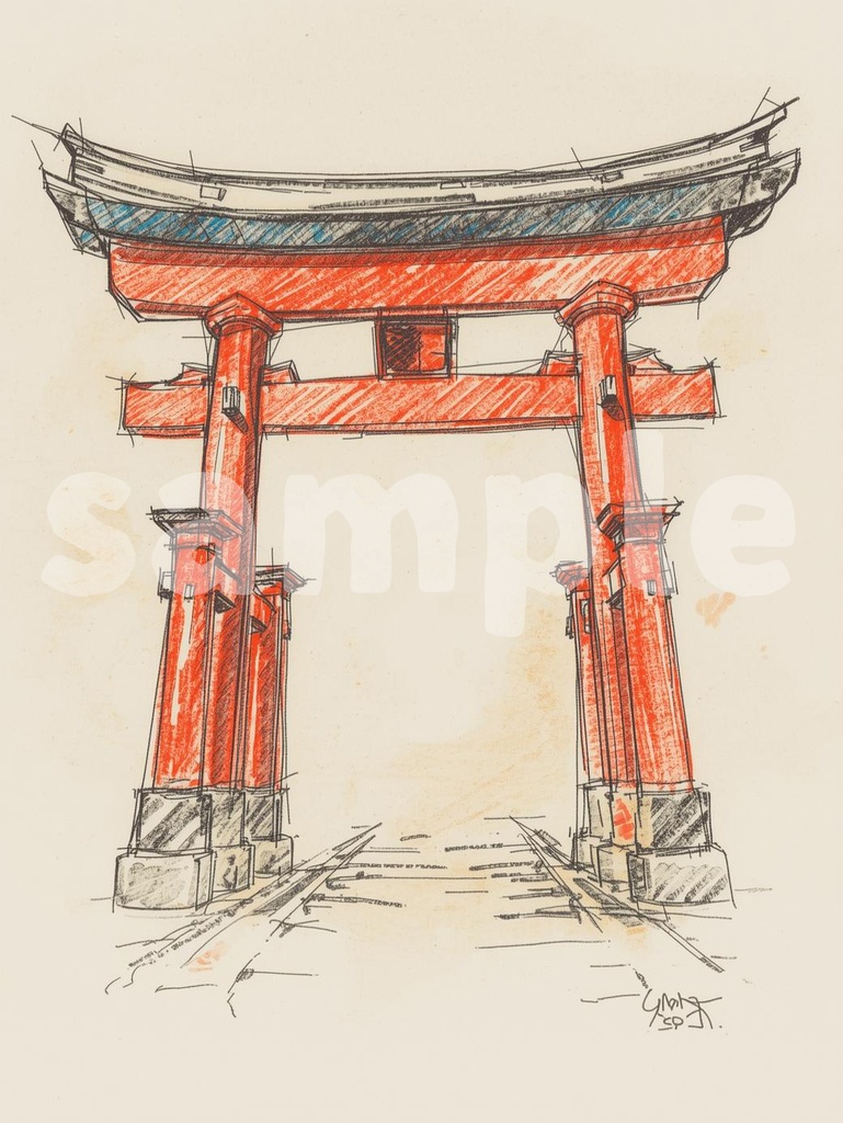 ⛩️ 色鉛筆で描いた日本の鳥居 ― 和風アート(JPG) ✏️