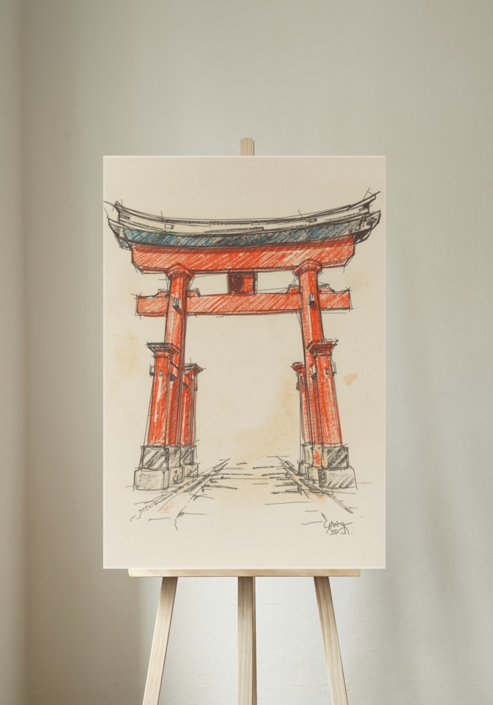 ⛩️ 色鉛筆で描いた日本の鳥居 ― 和風アート（JPG） ✏️