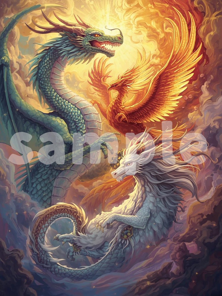 🐉 龍神と鳳凰と麒麟 ― 幻想的な神獣アート3(JPG) 🦅✨