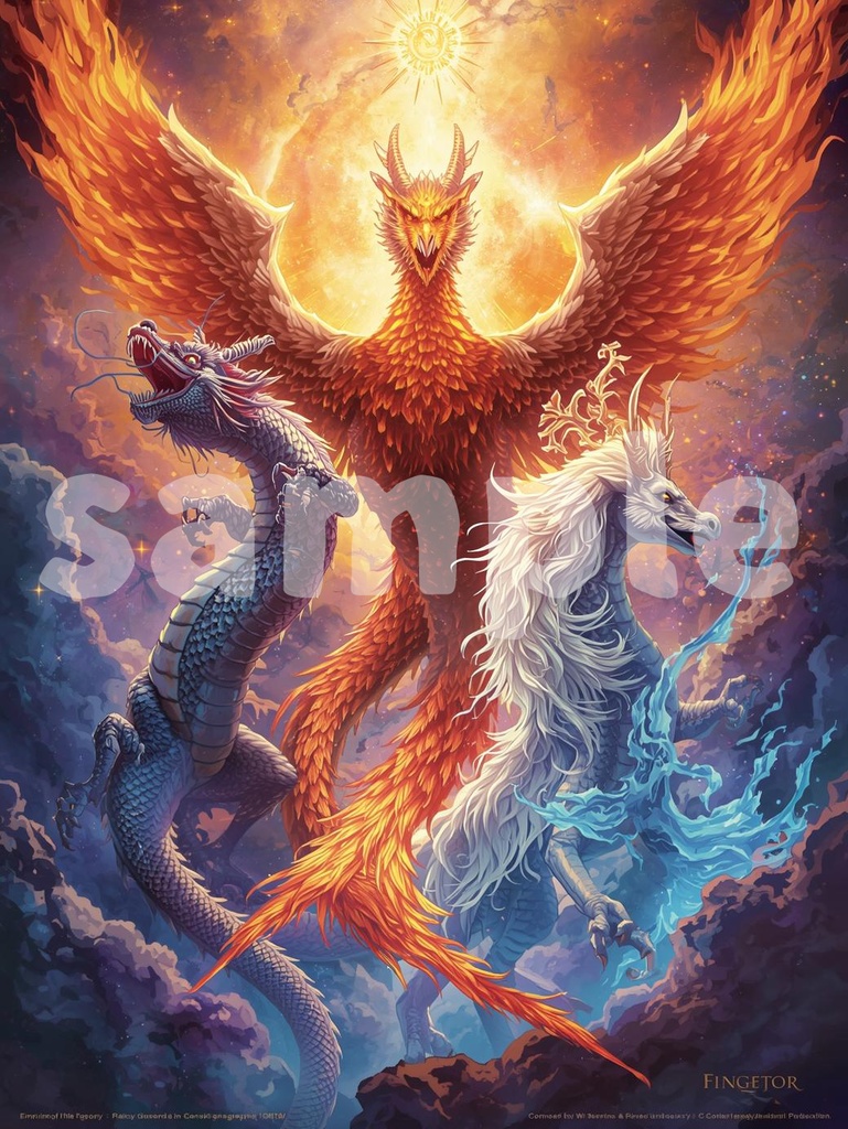 🐉 龍神と鳳凰と麒麟 ― 幻想的な神獣アート1(JPG) 🦅✨