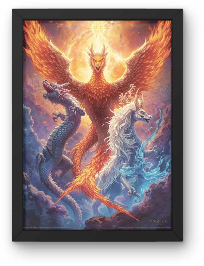 🐉 龍神と鳳凰と麒麟 ― 幻想的な神獣アート1(JPG) 🦅✨