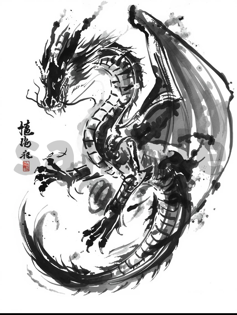 🐉 水墨画の龍 ― 伝統的な和風アート3(JPG) 🖌️