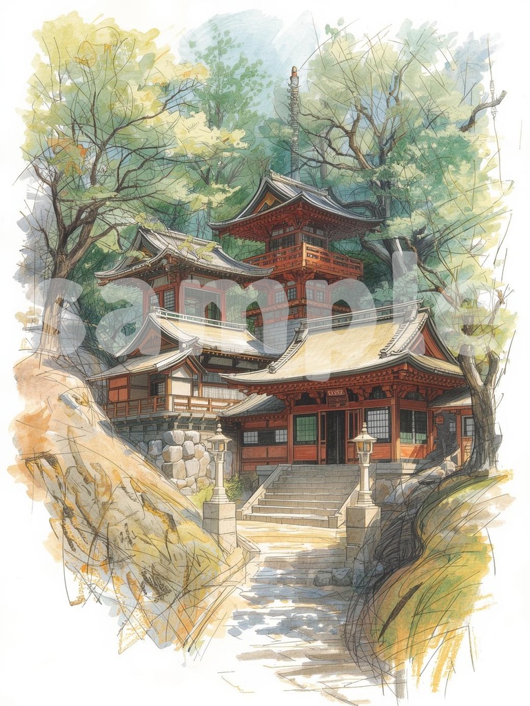 ⛩️ 日本の神社 ― 水彩画風和風アート(JPG)3 🎨