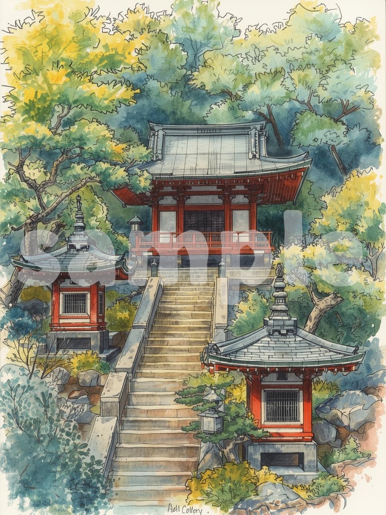 ⛩️ 日本の神社 ― 水彩画風和風アート2(JPG) 🎨