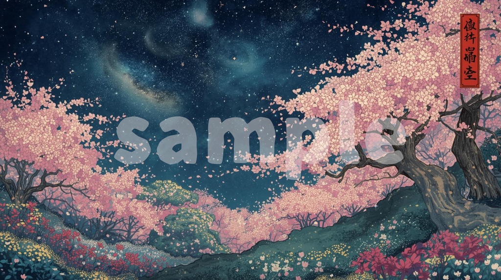 🌸 宇宙に咲く桜並木 ― 幻想的なスピリチュアル浮世絵アート(JPG) 🌸