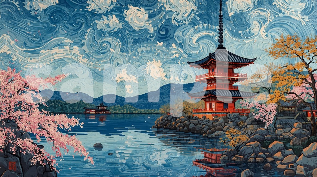 🏯 五重塔と桜 ― 油絵風和風アート(JPG) 🌸🎨