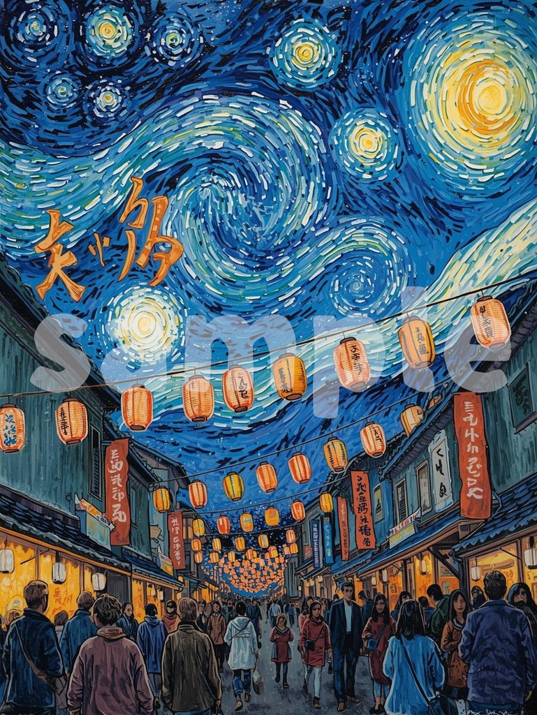 🎆 油絵風|日本の伝統的な夏祭りを描いたアート2(JPG) 🎨