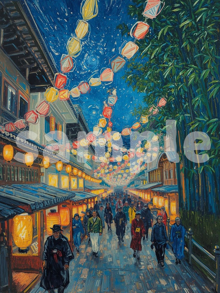 🎆 油絵風|日本の伝統的な夏祭りを描いたアート3(JPG) 🎨