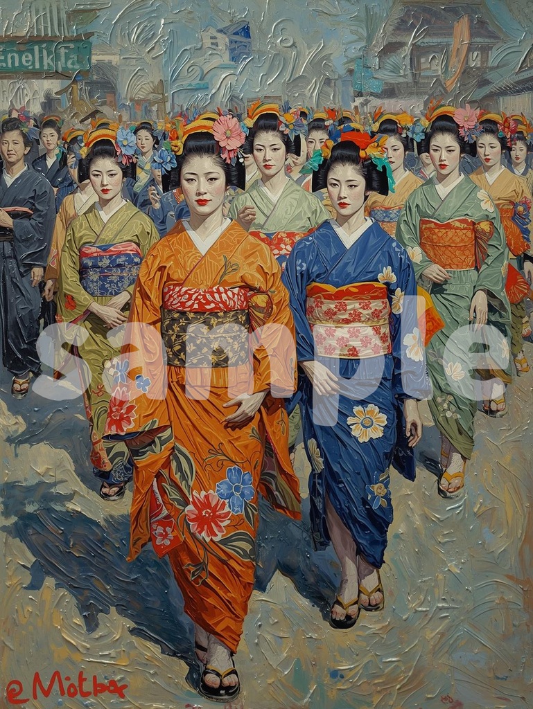 👘 油絵風|京都の花魁たちを描いた艶やかな和のアート1(JPG) 🎨