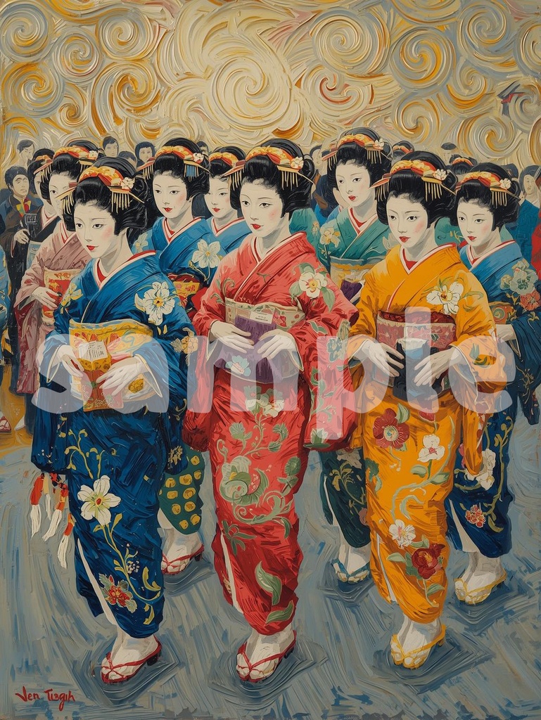 👘 油絵風|京都の花魁たちを描いた艶やかな和のアート3(JPG) 🎨