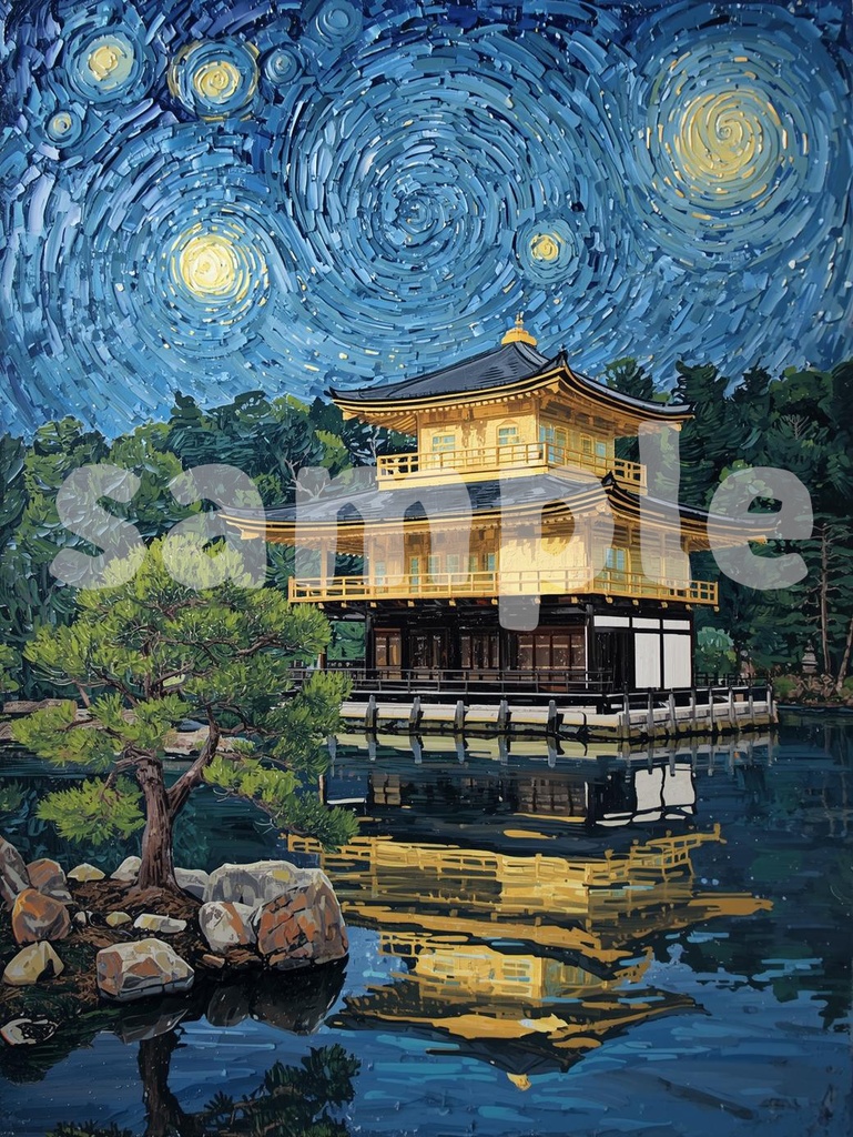 🎨 ゴッホ風油絵タッチの金閣寺 ― 和と西洋が融合するアート(JPG)1 ✨