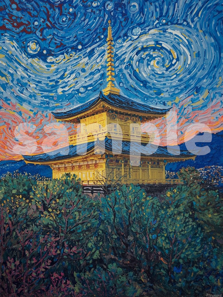 🎨 ゴッホ風油絵タッチの金閣寺 ― 和と西洋が融合するアート(JPG)2 ✨