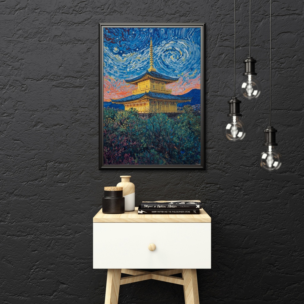 🎨 ゴッホ風油絵タッチの金閣寺 ― 和と西洋が融合するアート(JPG)2 ✨