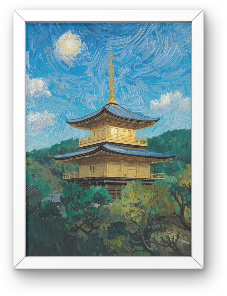 🎨 ゴッホ風油絵タッチの金閣寺 ― 和と西洋が融合するアート(JPG)3 ✨