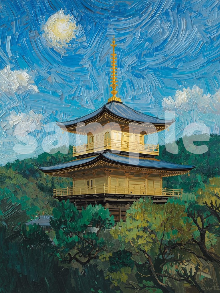 🎨 ゴッホ風油絵タッチの金閣寺 ― 和と西洋が融合するアート(JPG)3 ✨