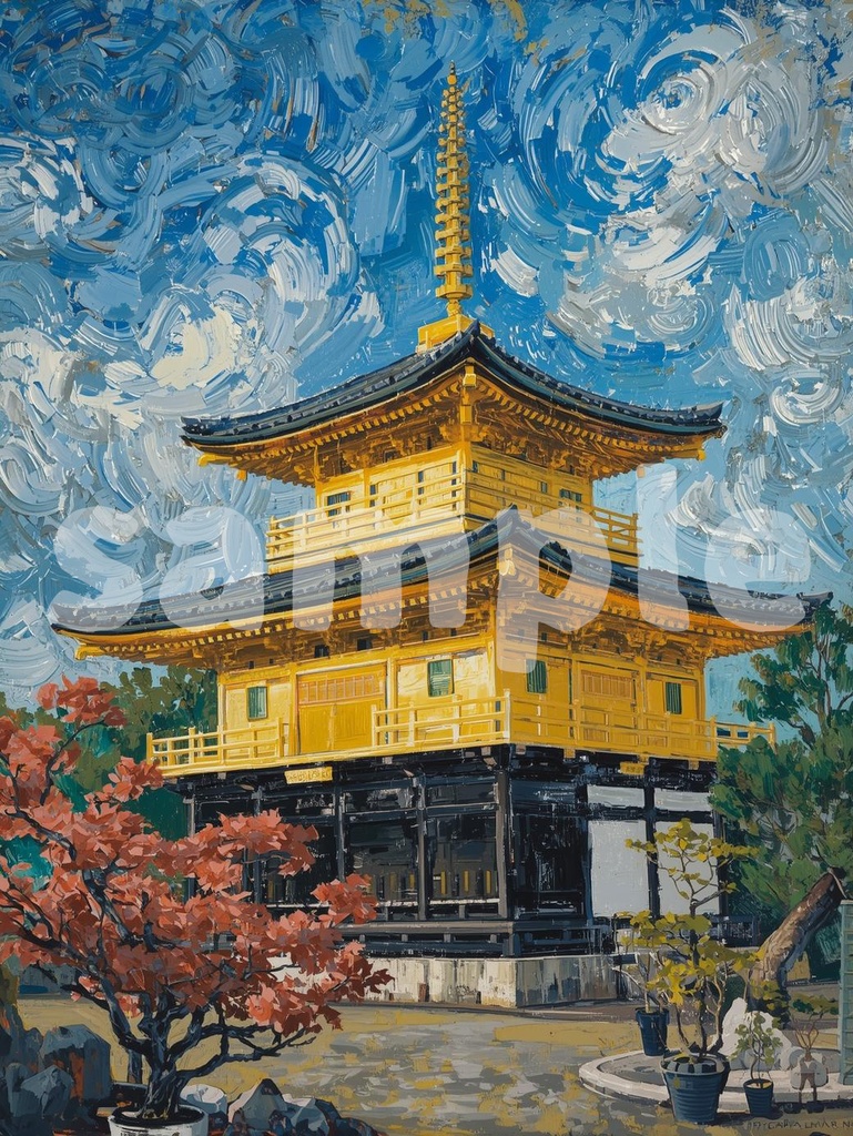 🎨 ゴッホ風油絵タッチの金閣寺 ― 和と西洋が融合するアート(JPG)4 ✨