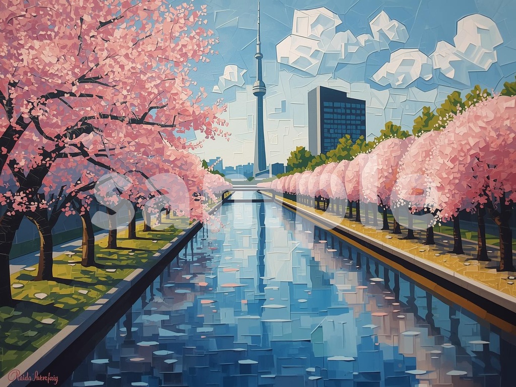 🌸 油絵風|満開の桜と隅田川・スカイツリーを描いた春の風景アート(JPG)1 🎨