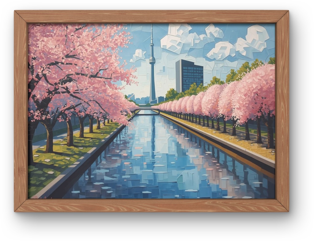 🌸 油絵風｜満開の桜と隅田川・スカイツリーを描いた春の風景アート（JPG）1 🎨