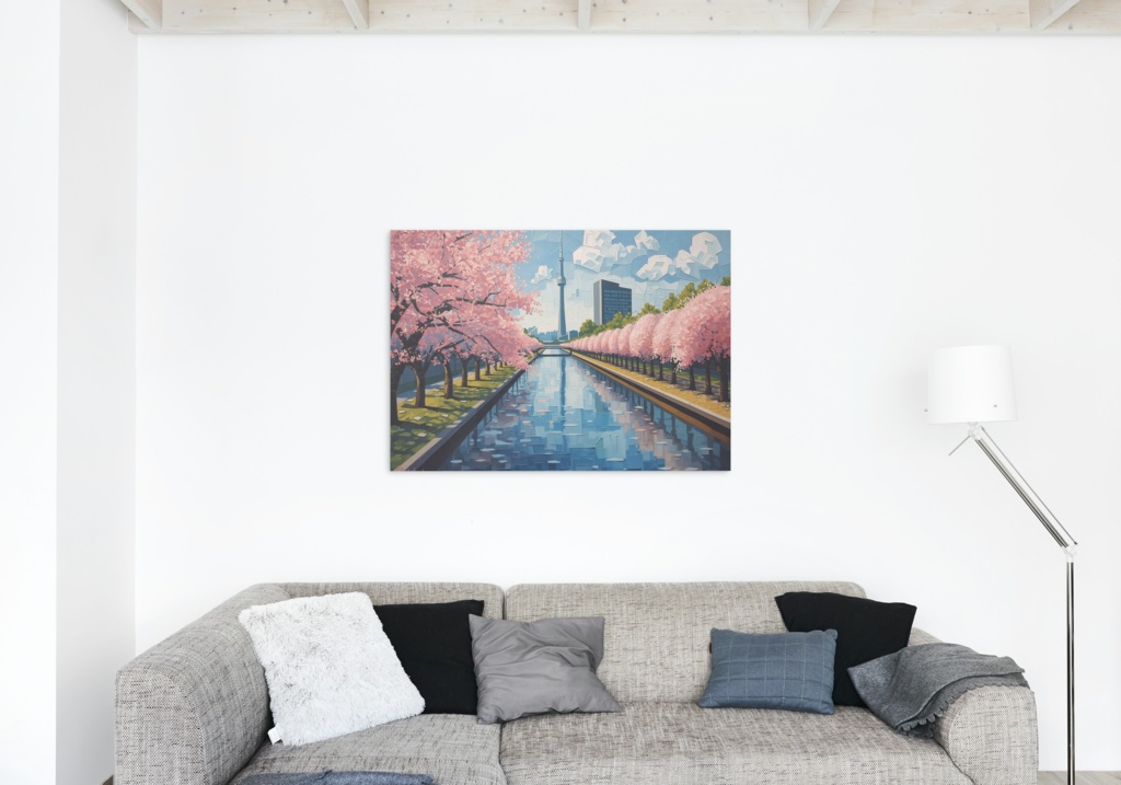 🌸 油絵風|満開の桜と隅田川・スカイツリーを描いた春の風景アート(JPG)1 🎨