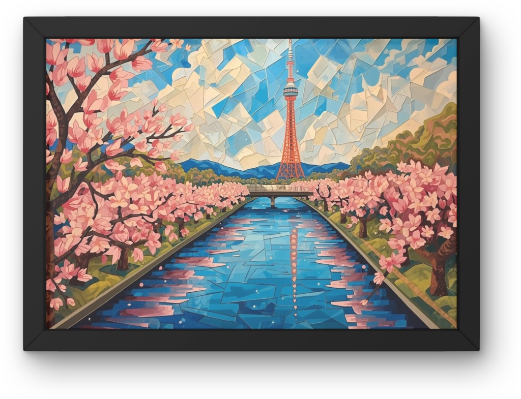 🌸 油絵風｜満開の桜と隅田川・スカイツリーを描いた春の風景アート2（JPG） 🎨