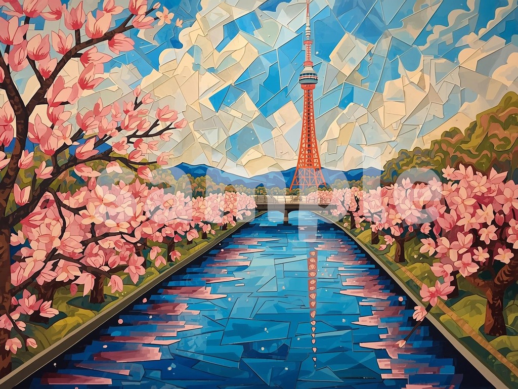 🌸 油絵風|満開の桜と隅田川・スカイツリーを描いた春の風景アート2(JPG) 🎨
