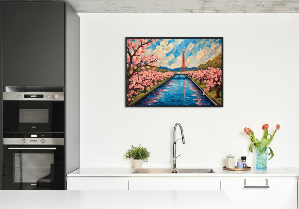 🌸 油絵風|満開の桜と隅田川・スカイツリーを描いた春の風景アート2(JPG) 🎨