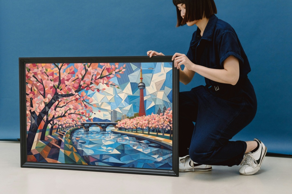 🌸 油絵風｜満開の桜と隅田川・スカイツリーを描いた春の風景アート3（JPG） 🎨